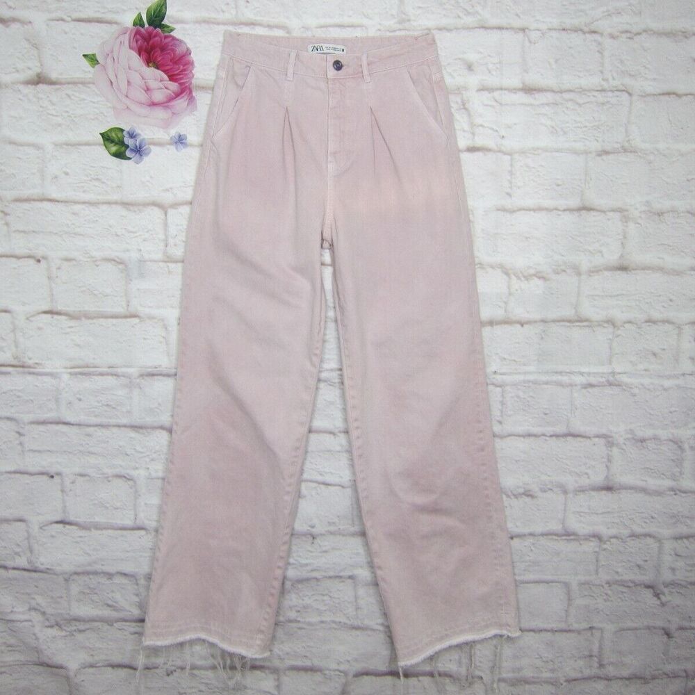 Zara Denim Pink High Rise Raw Hem Wide Leg Jeans Size 38 EUR 6 US